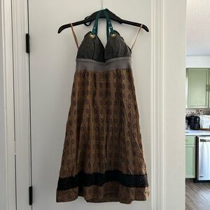 Vintage Unique Free People Brown/Multi-Color Cotton Halter Dress - 4
